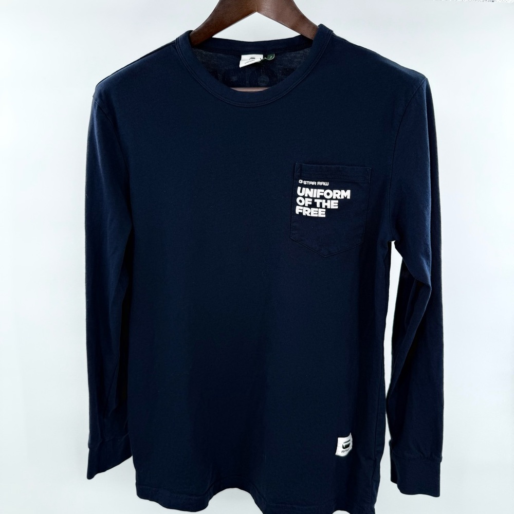 G-Star RAW Uniform of the Free Long Sleeve T Shirt Men’s Medium Navy Graphic Tee